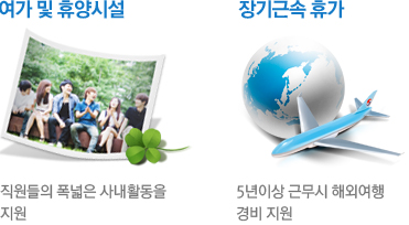 여가 및 휴양시설: 지원들의 폭넓은 사내활동을 지원, 장기근속 휴가: 5년이상 근무시 해외여행 경비 지원